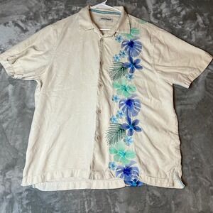 Tommy Bahama Mens Silk Floral Aloha Shirt Large L Beige Blue Green Short Sleeve